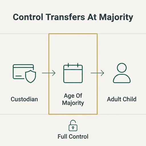 A flat vector diagram on an off-white background titled 'Control Transfers At Majority' shows a three-panel left-to-right…