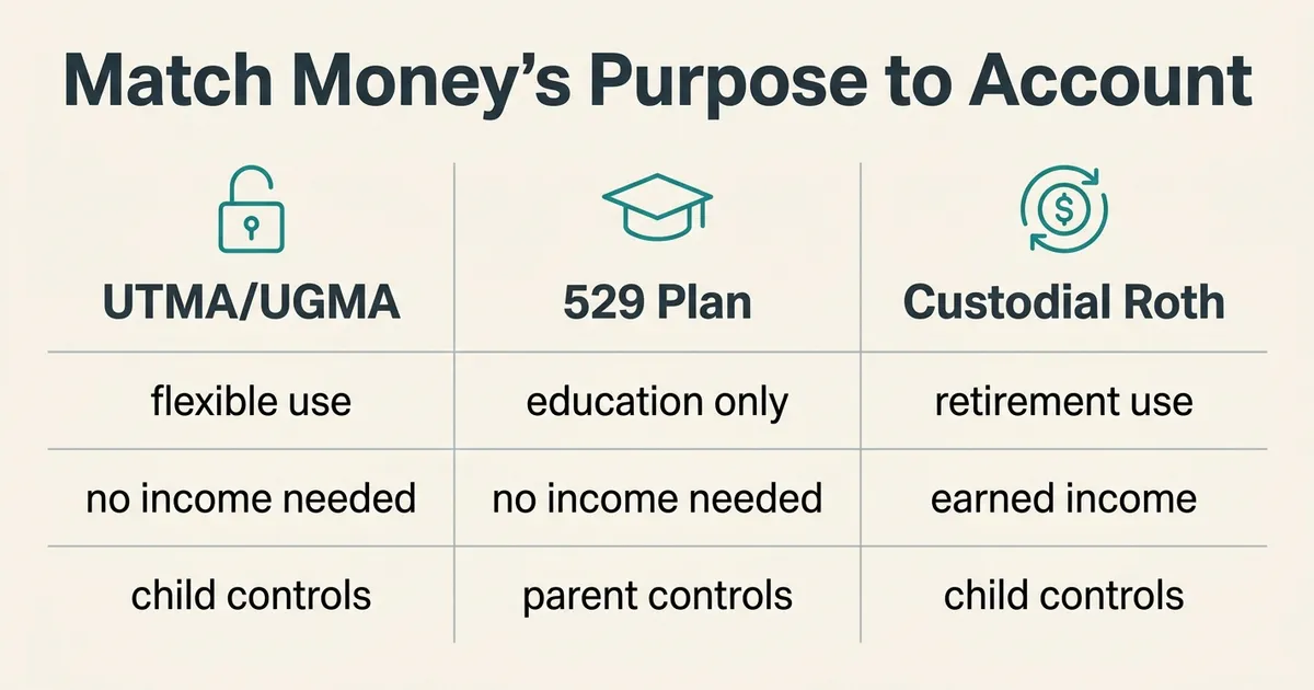 A three-column comparison table headed 'Match Money's Purpose to Account' on an off-white background, comparing UTMA/UGMA…