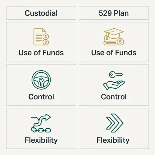 A flat vector comparison table titled 'Choose By Goal' contrasts a Custodial Account and a 529 Plan across three rows.