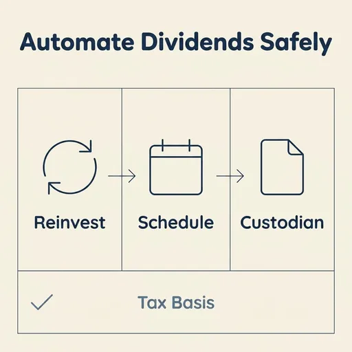 A McKinsey-style exhibit titled 'Automate Dividends Safely' shows a three-step horizontal flow with thin arrows connecting…