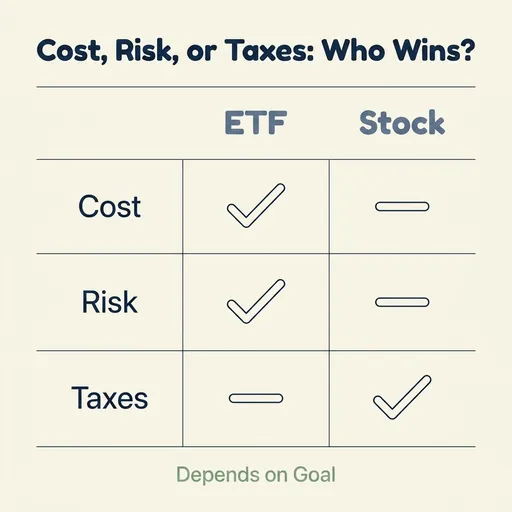 A comparison table titled 'Cost, Risk, or Taxes: Who Wins?' with row labels Cost, Risk, and Taxes and column headers ETF and…