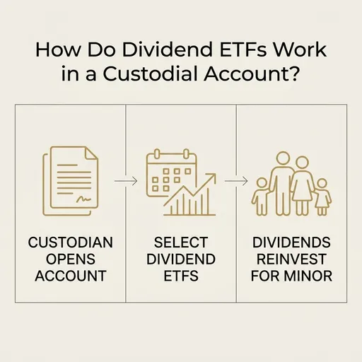 A three-panel exhibit shows a left-to-right flow for how a dividend ETF works inside a custodial account: the left cell has…