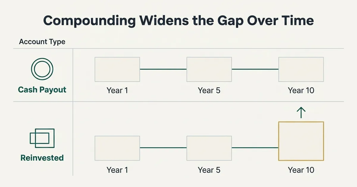 Flat vector information diagram comparing two ten-year timelines: a 'Cash Payout' band and a 'Reinvested' band, each divided…