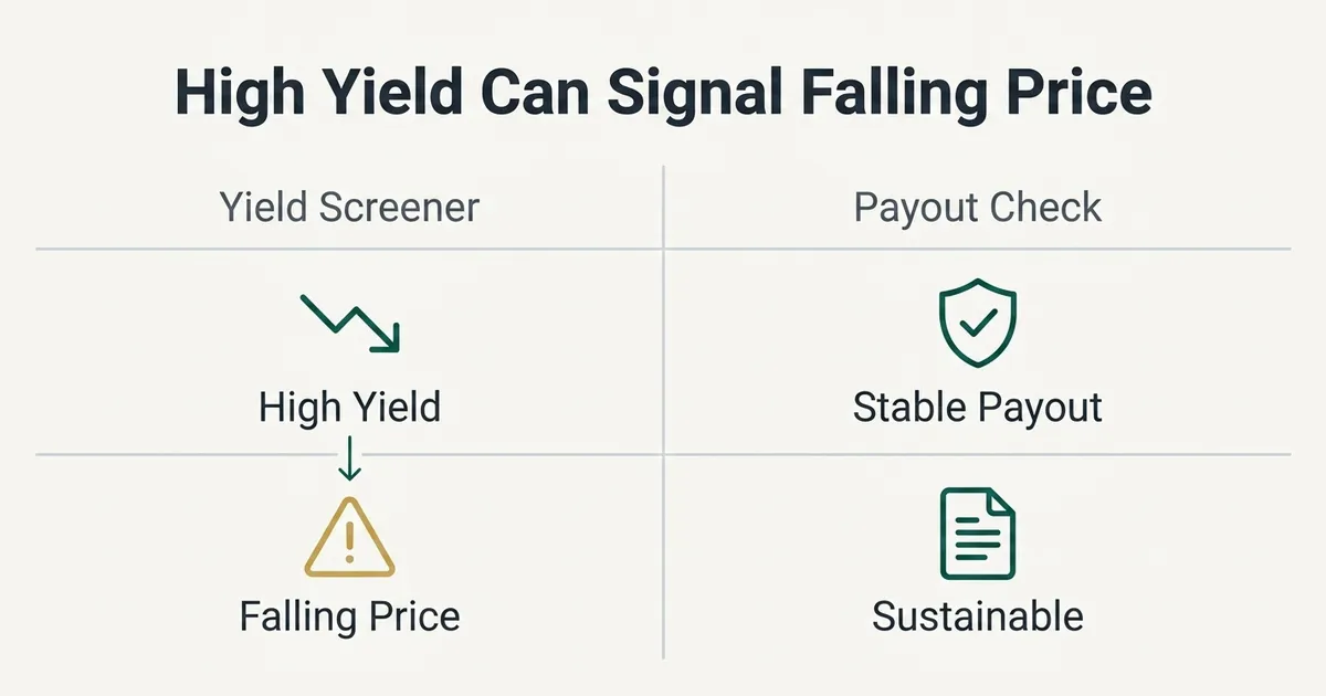 A two-column comparison table titled 'High Yield Can Signal Falling Price' contrasts a flawed 'Yield Screener' approach…