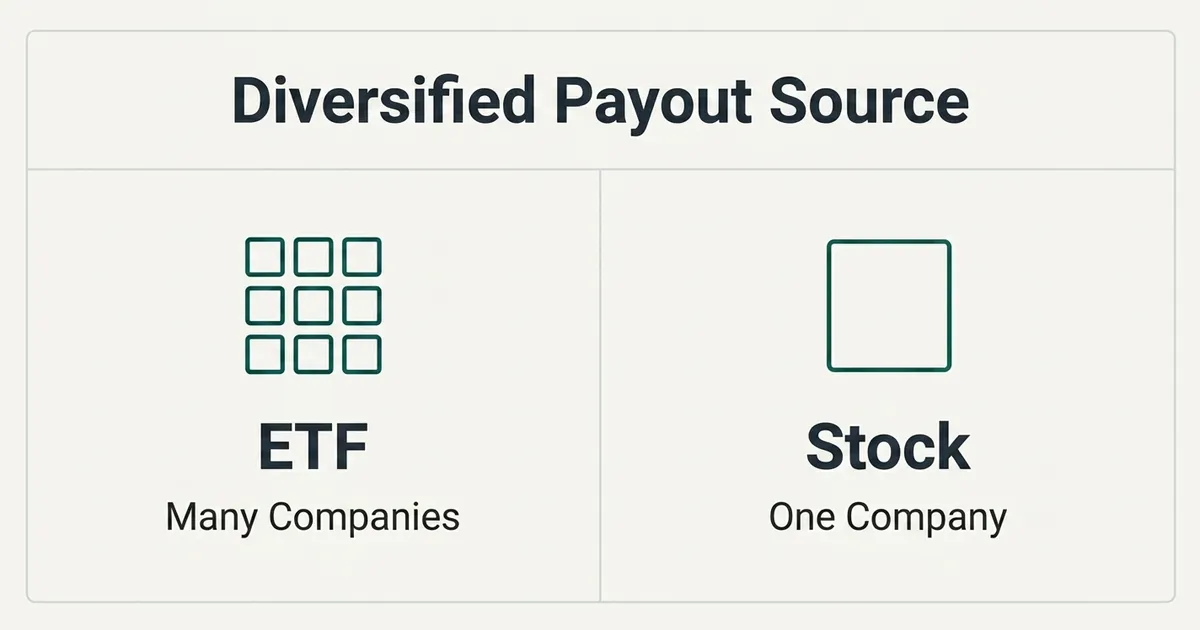 A two-column comparison table titled 'Diversified Payout Source' contrasting an ETF, shown with a nine-square grid glyph and…