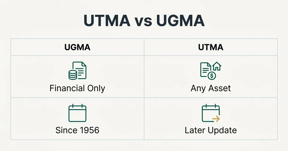 A flat vector comparison table titled 'UTMA vs UGMA' with two columns bordered by thin gray rules.