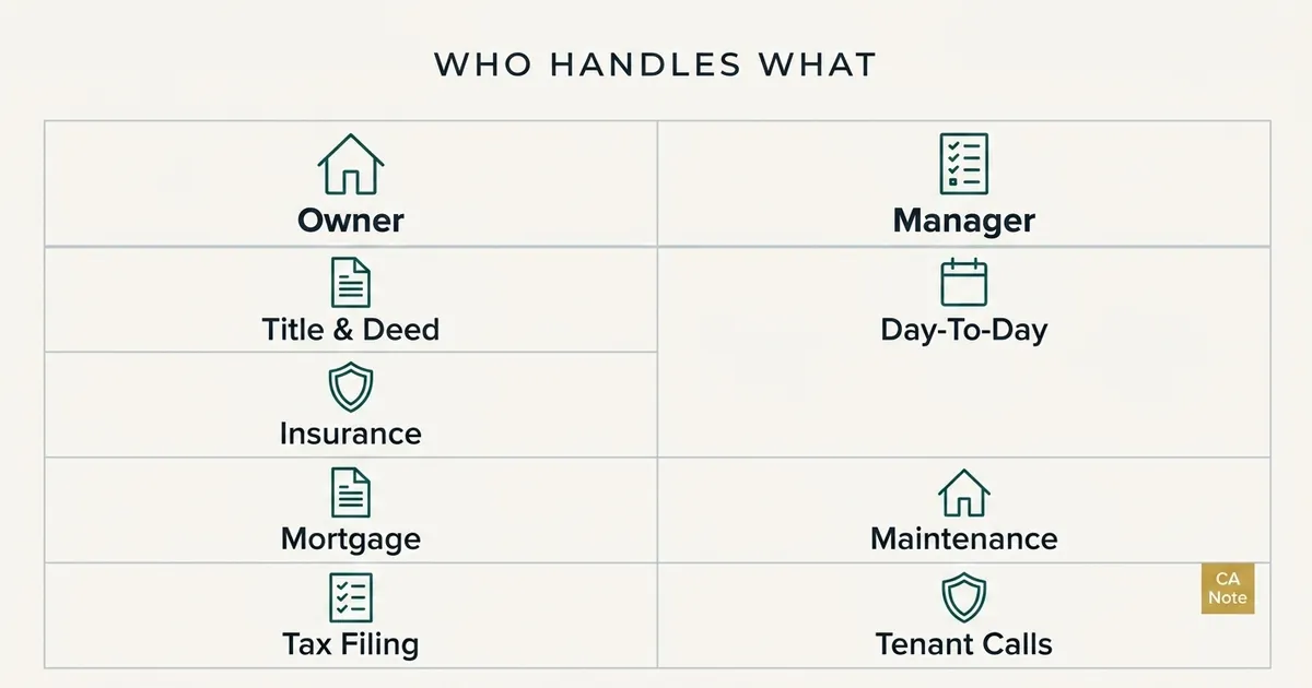 A two-column comparison table titled 'Who Handles What,' contrasting Owner responsibilities (Title & Deed, Insurance…