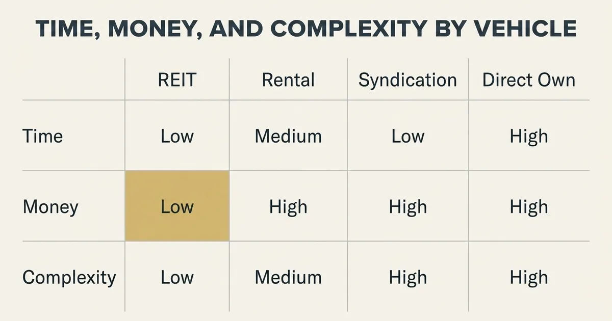 A comparison table titled 'Time, Money, and Complexity by Vehicle' with four columns—REIT, Rental, Syndication, Direct…