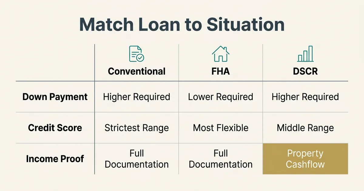A comparison table titled 'Match Loan to Situation' on an off-white background contrasts three investment property loan…