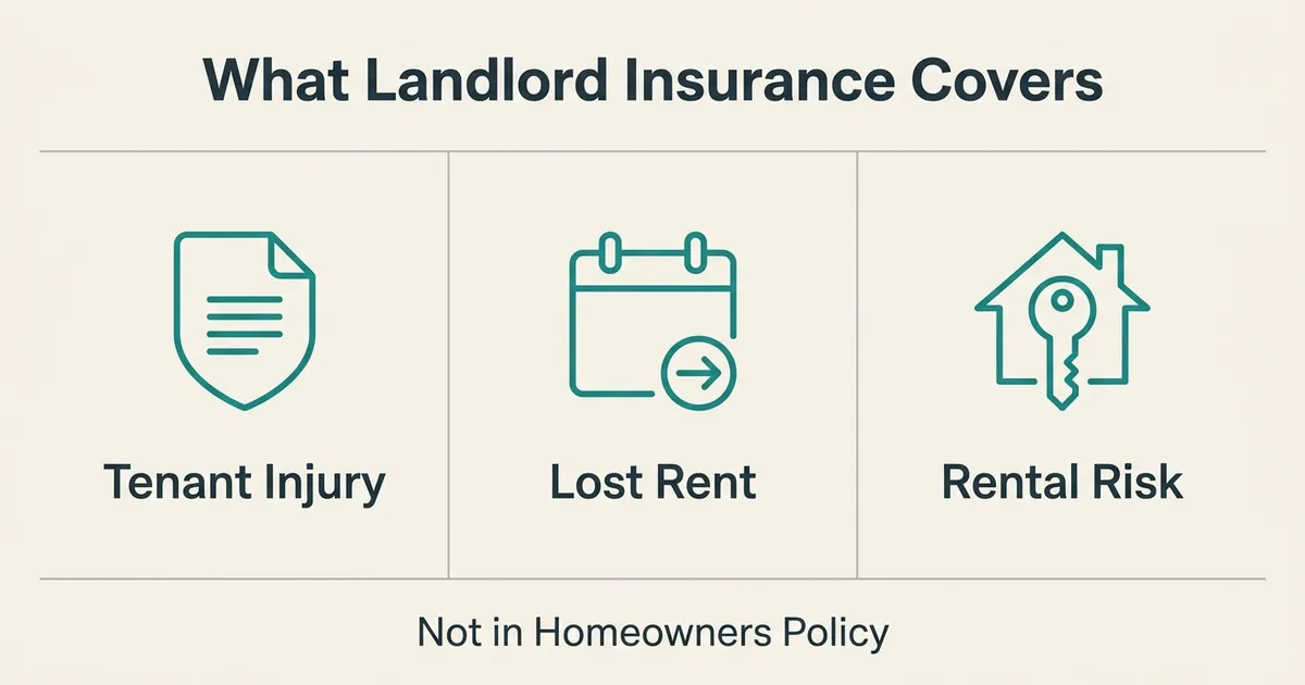 A flat vector comparison diagram titled 'What Landlord Insurance Covers,' showing three equal columns separated by thin gray…