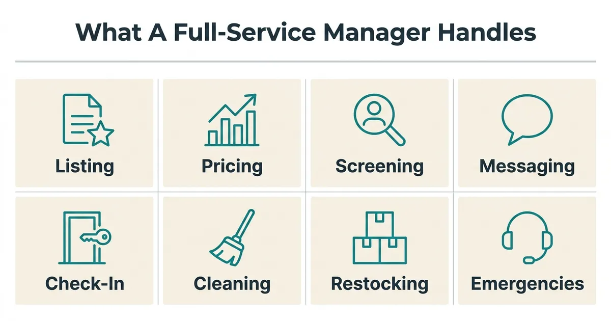 A flat vector diagram titled 'What A Full-Service Manager Handles' shows eight equal rectangular tiles in a two-row…