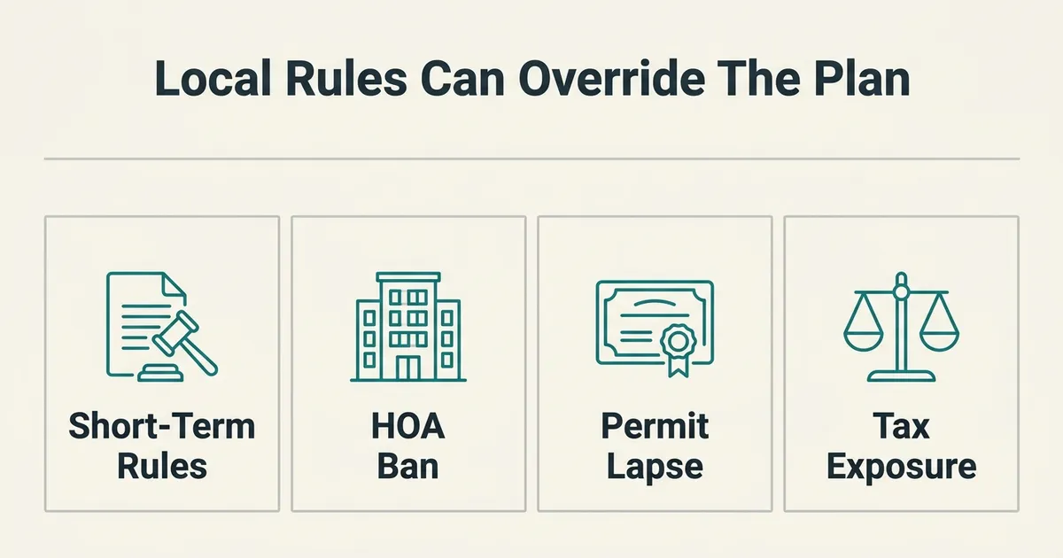 A flat vector information graphic titled 'Local Rules Can Override The Plan' shows four equal bordered cells in a row, each…