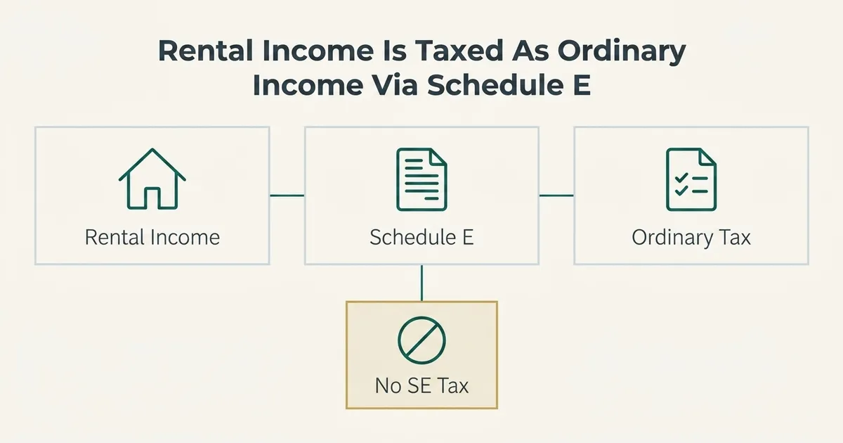 A flat vector diagram shows a three-step horizontal flow: a house icon labeled 'Rental Income' connects via a thin teal line…