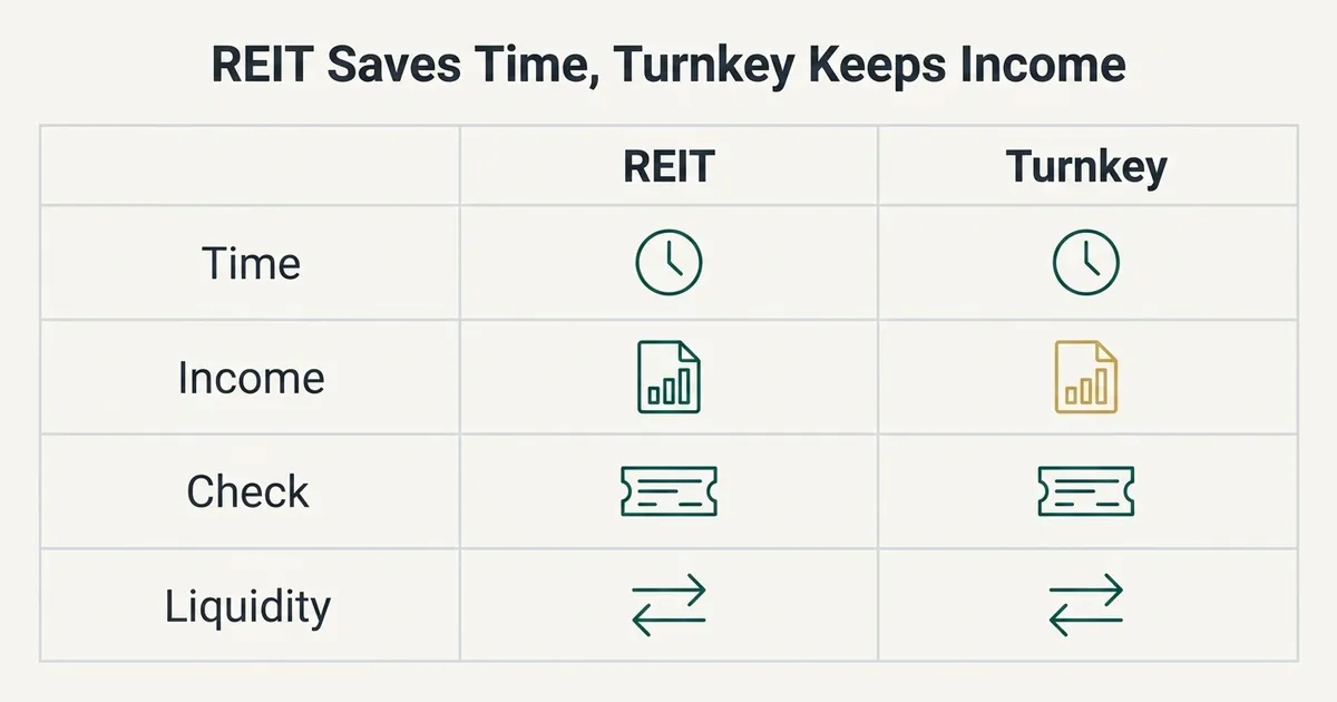 A flat vector comparison table titled 'REIT Saves Time, Turnkey Keeps Income' with two columns, 'REIT' and 'Turnkey'…