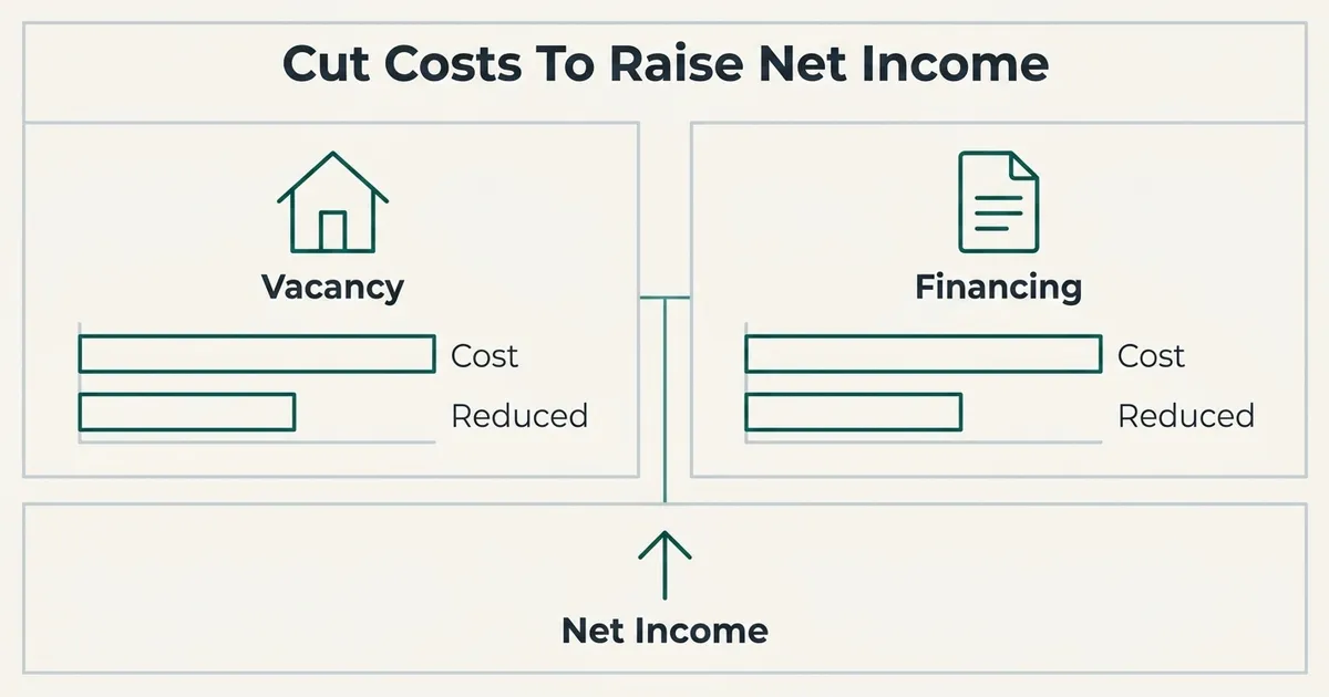 A McKinsey-style exhibit titled 'Cut Costs To Raise Net Income' shows two side-by-side panels labeled 'Vacancy' and…