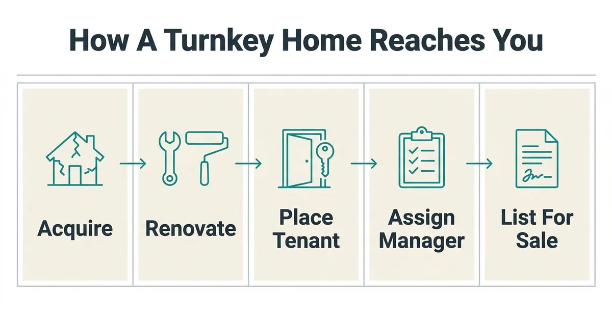 A five-step flow diagram titled 'How A Turnkey Home Reaches You' showing five bordered cells connected left to right by…