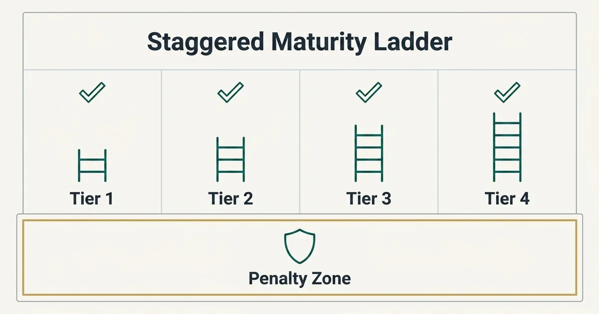 A flat vector diagram illustrating a CD ladder: four equal bordered cells arranged left to right, each showing a monoline…