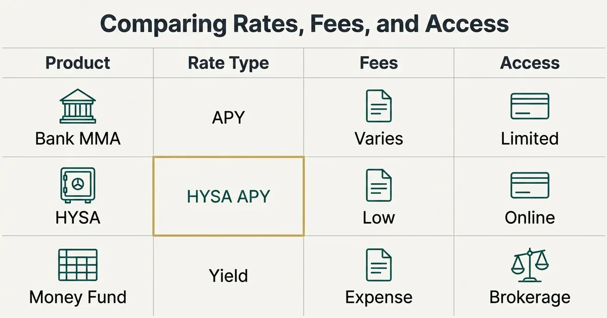 A four-column comparison table titled 'Comparing Rates, Fees, and Access' contrasting three cash-savings products—Bank MMA…