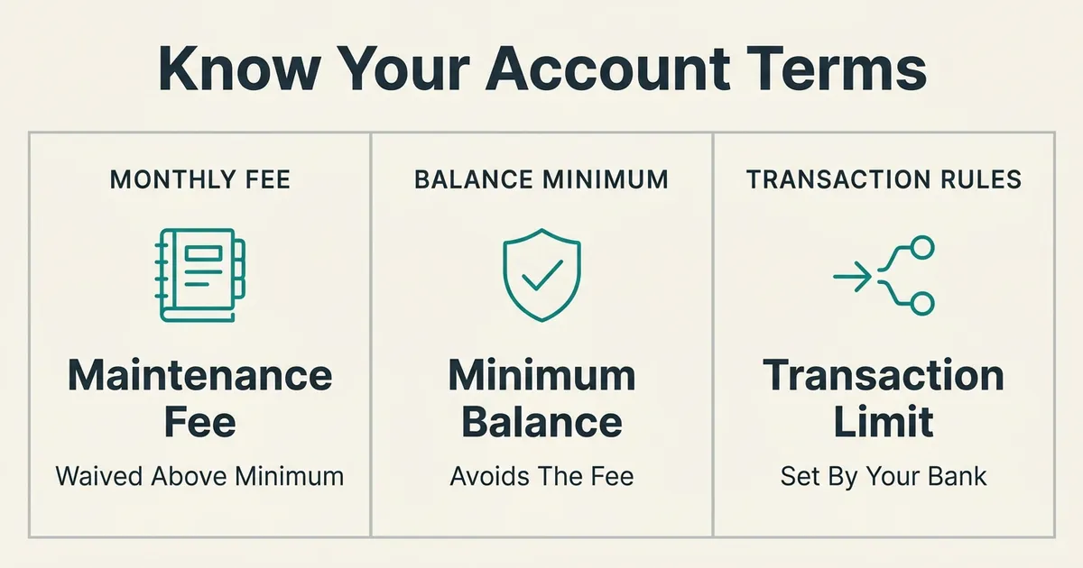 A three-column flat infographic on a warm off-white background titled 'Know Your Account Terms', covering the three money…