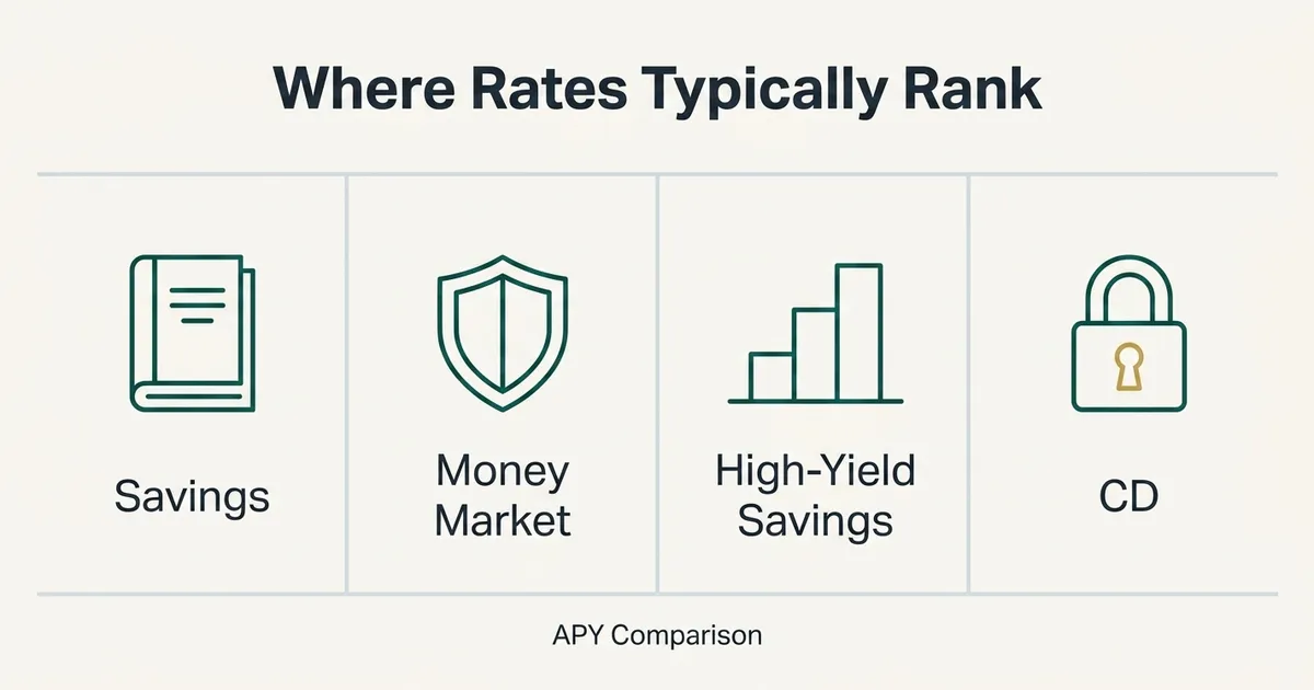 A flat infographic comparison row with four bordered cells labeled Savings, Money Market, High-Yield Savings, and CD, each…