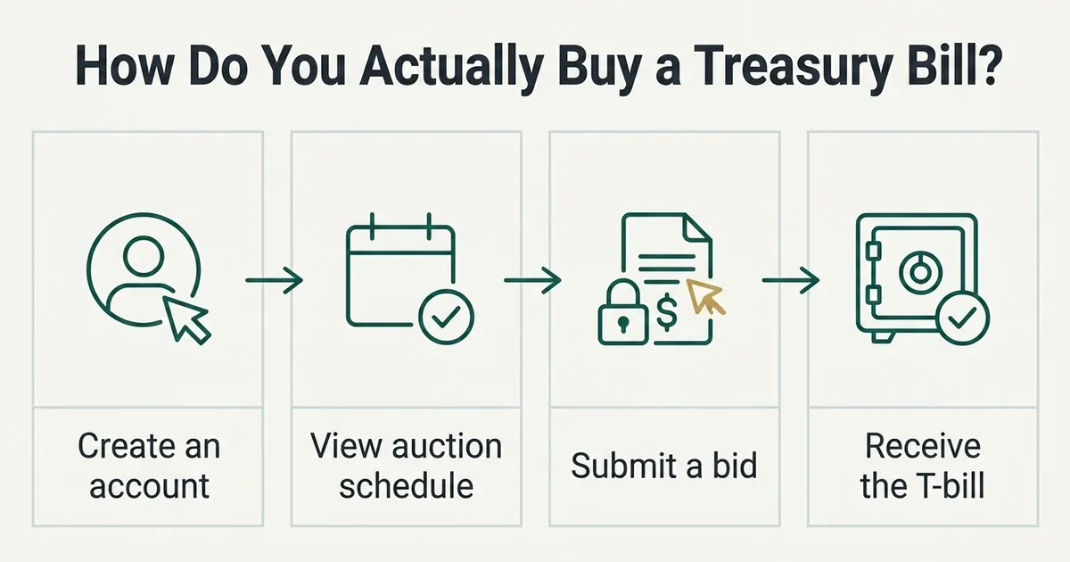 A four-step horizontal flowchart titled 'How Do You Actually Buy a Treasury Bill?' with four bordered panels connected by…
