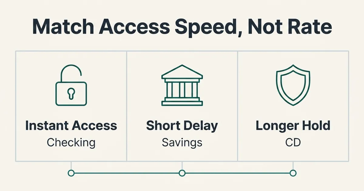 A three-panel diagram comparing emergency-fund tiers by liquidity speed rather than interest rate: a lock-open icon labeled…