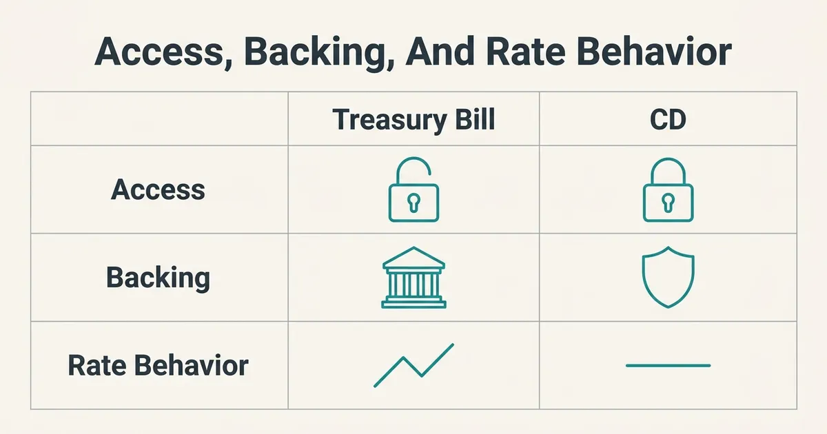 A three-row comparison table titled 'Access, Backing, And Rate Behavior' with two columns, 'Treasury Bill' and 'CD'.