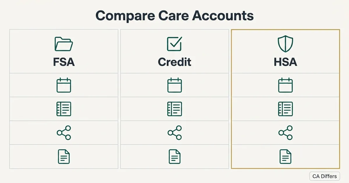 A flat vector comparison table titled 'Compare Care Accounts' with three bordered columns labeled FSA, Credit, and HSA (the…
