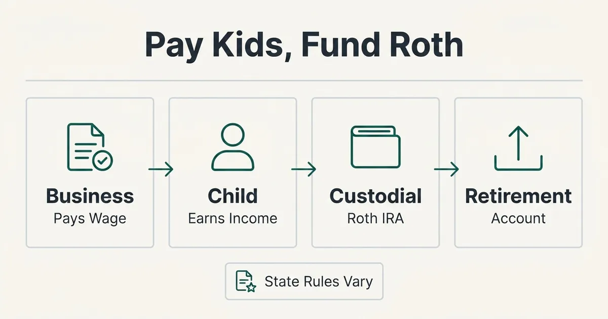 A four-step left-to-right flow diagram titled 'Pay Kids, Fund Roth' showing a business paying a child wages, the child…