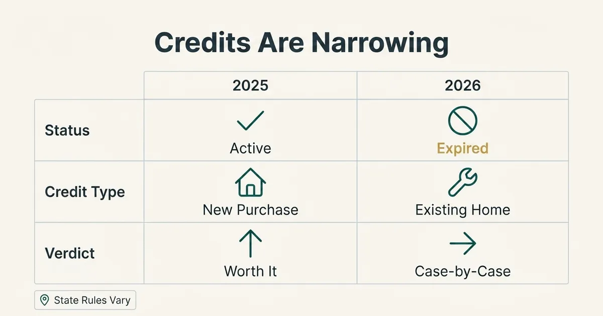 A comparison table contrasts residential energy credit status across 2025 and 2026: 2025 shows an active checkmark for new…