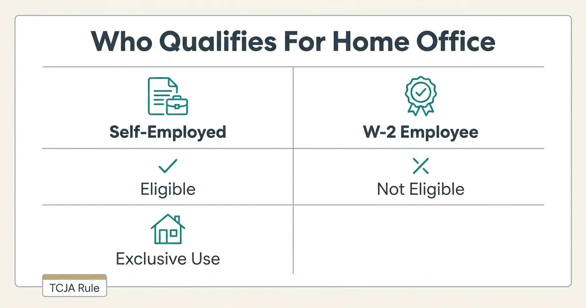 A flat vector exhibit titled 'Who Qualifies For Home Office' presents a two-column comparison table on a warm off-white…