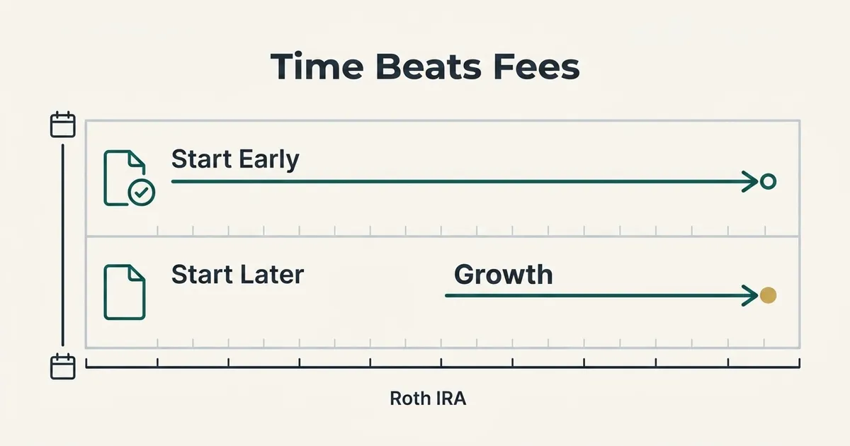A flat vector exhibit titled 'Time Beats Fees' compares two horizontal timeline rows over a shared ten-year axis.