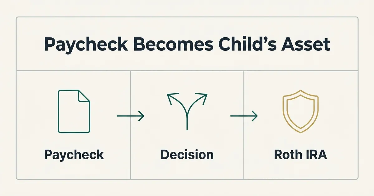 A three-step flow diagram titled 'Paycheck Becomes Child's Asset' showing a document icon labeled 'Paycheck', an arrow to a…