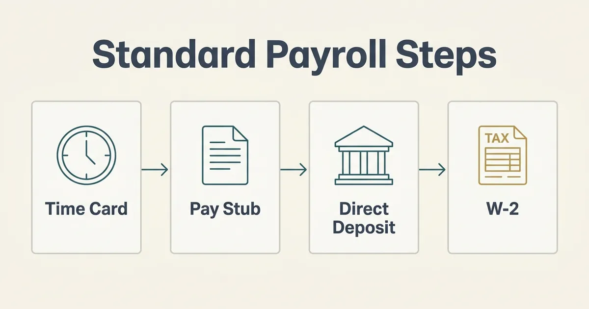 A four-step flowchart titled 'Standard Payroll Steps' showing cards connected left to right by arrows: a clock icon labeled…
