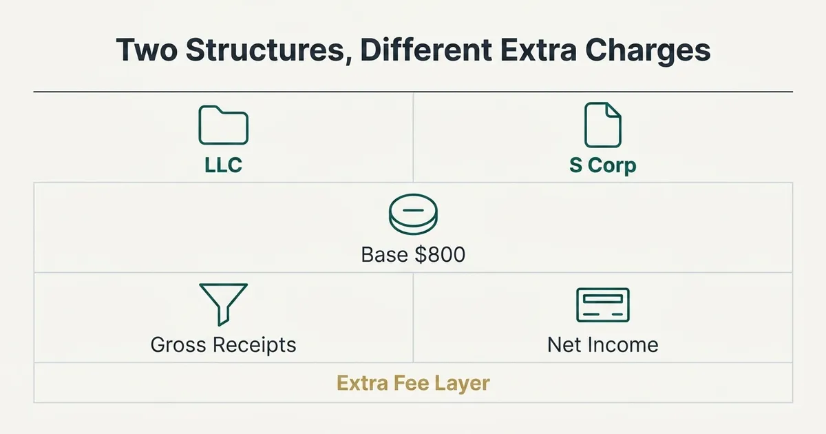 A comparison table titled 'Two Structures, Different Extra Charges' contrasts LLC and S Corp tax treatment in California.