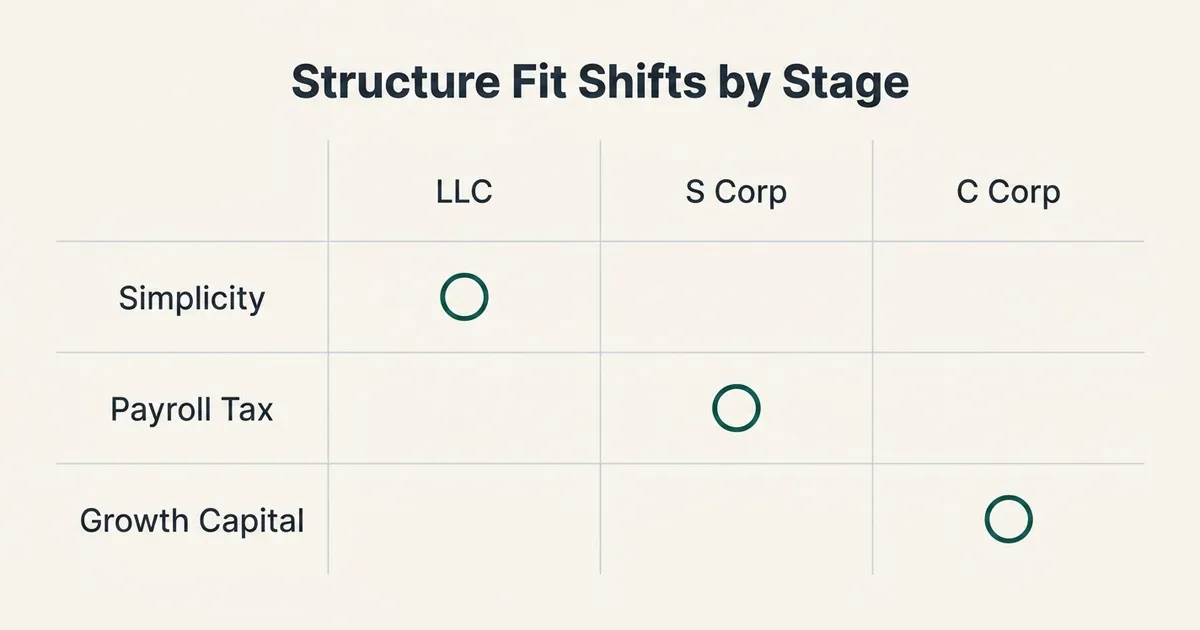 A comparison table titled 'Structure Fit Shifts by Stage' with columns for LLC, S Corp, and C Corp against three row…
