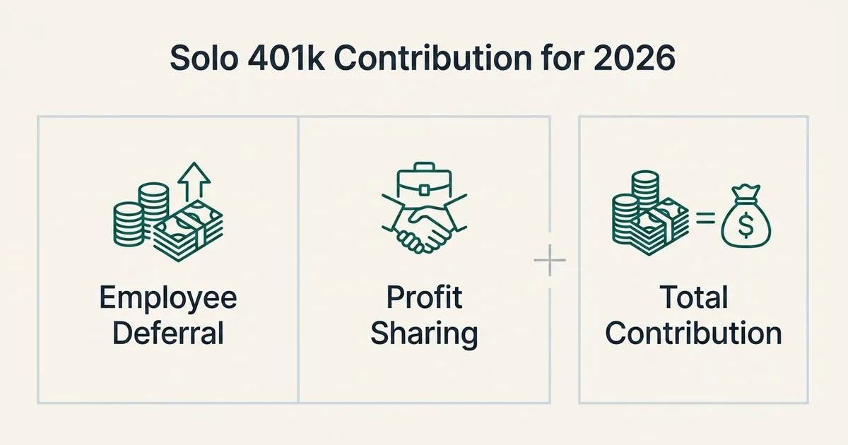 A flat vector diagram headed 'Solo 401k Contribution for 2026' showing three bordered cells labelled 'Employee Deferral'…