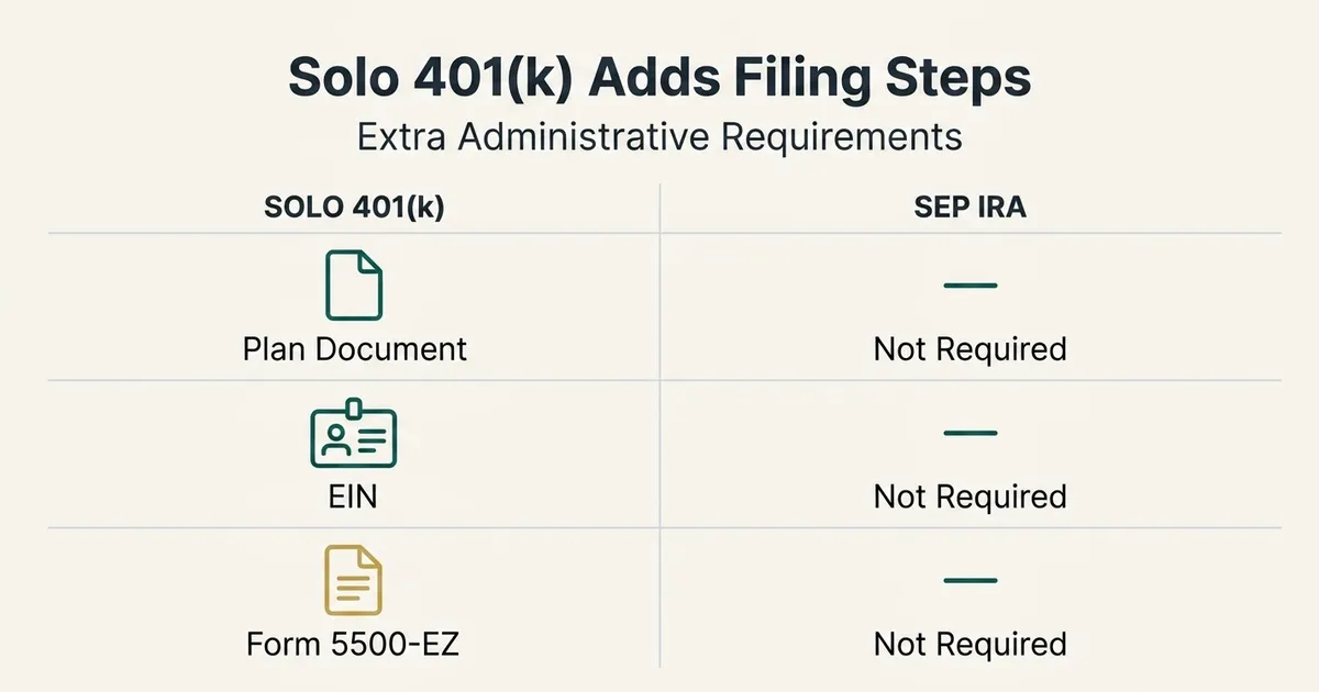A comparison table titled 'Solo 401(k) Adds Filing Steps' contrasts a Solo 401(k) against a SEP IRA across three…