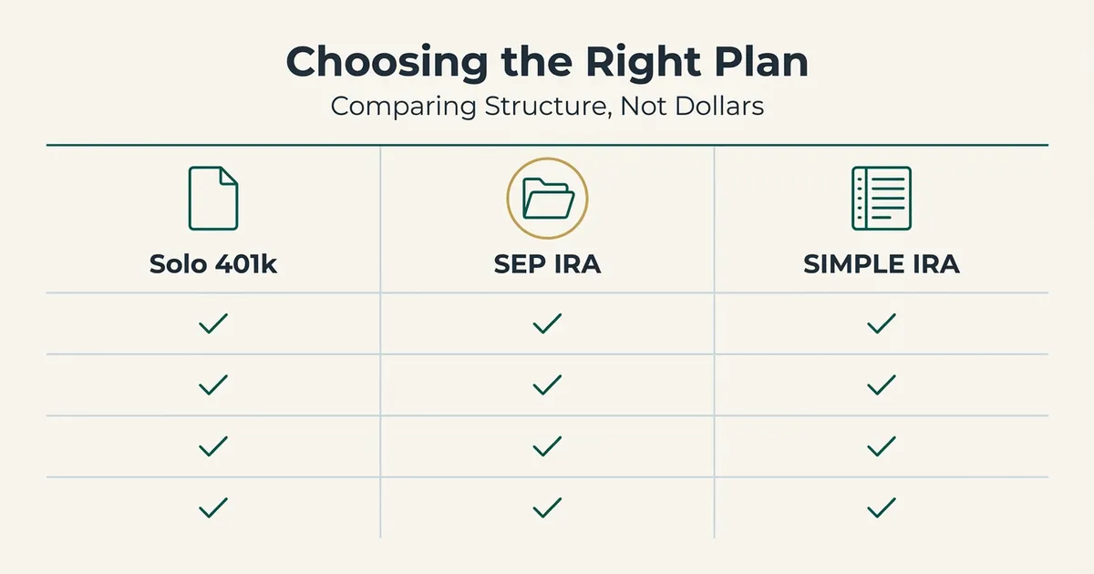 A three-column comparison table headed 'Choosing the Right Plan' with the subtitle 'Comparing Structure, Not Dollars', with…